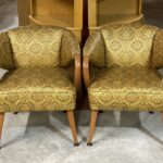 Newer upholstery in excellent condition. Wood has previously been refinished in a light brown. Finish/wood in very good/excellent condition.$1850/pair